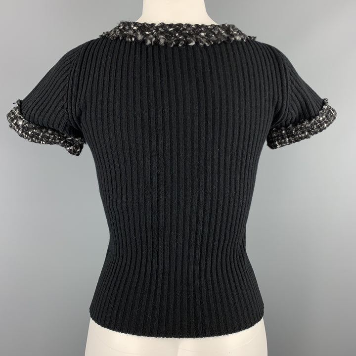 CAROLINA HERRERA Size 6 Black Wool Blend Gray Trim Short Sleeve Button Pullover