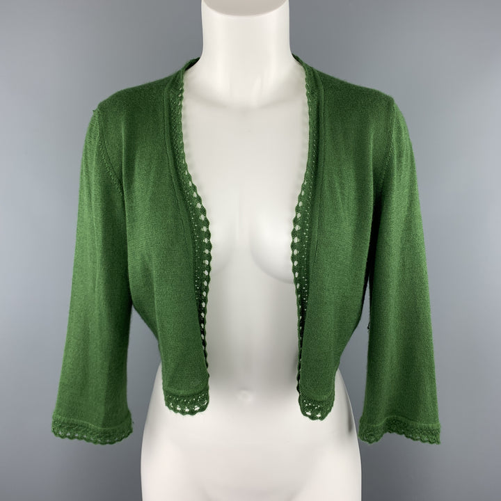 OSCAR DE LA RENTA Size M Green Cashmere / Silk Lace Trim Bolero Cardigan