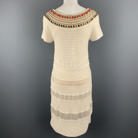 ESCADA Size 8 Beige Silk Knit Beaded Neckline Boat Neck Dress