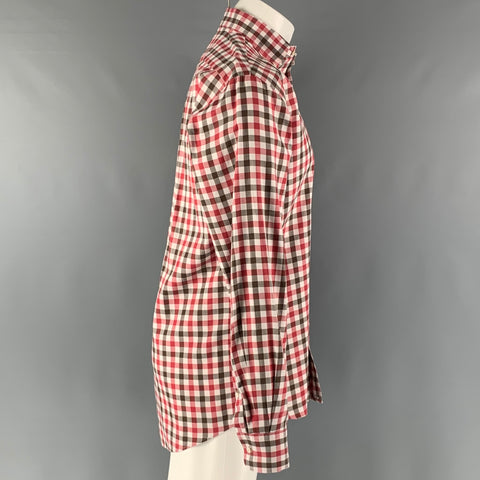 BERGDORF GOODMAN Size M Red White Brown Checkered Cotton Long Sleeve Shirt