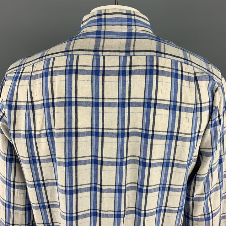 MARGARET HOWELL Size XL Grey & Blue Plaid Linen Button Up Long Sleeve Shirt