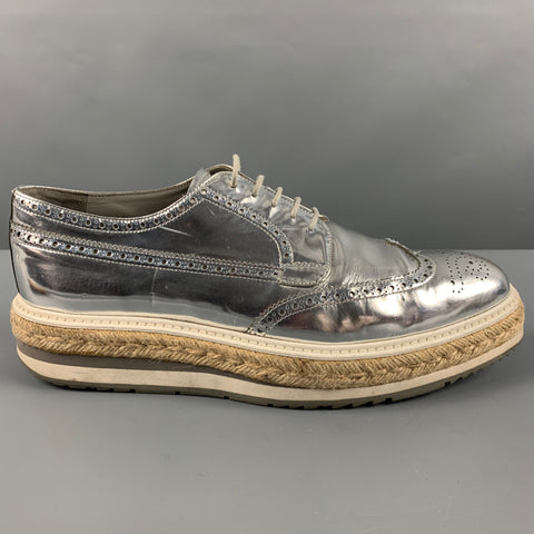 PRADA Size 10 Silver Perforated Leather Platform Lace-Up Shoes