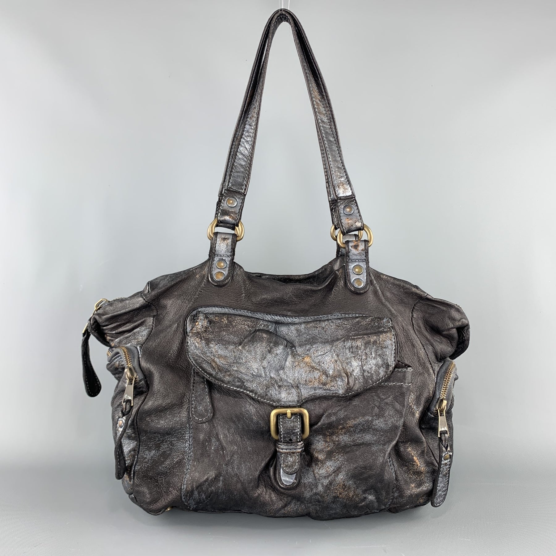 GIORGIO BRATO Distressed Gunmetal Metallic Leather Satchel Handbag