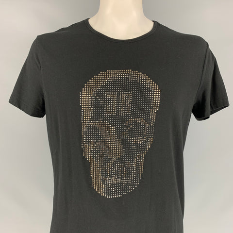 JOHN RICHMOND Size XL Black Beaded Skull Cotton Crew-Neck T-shirt