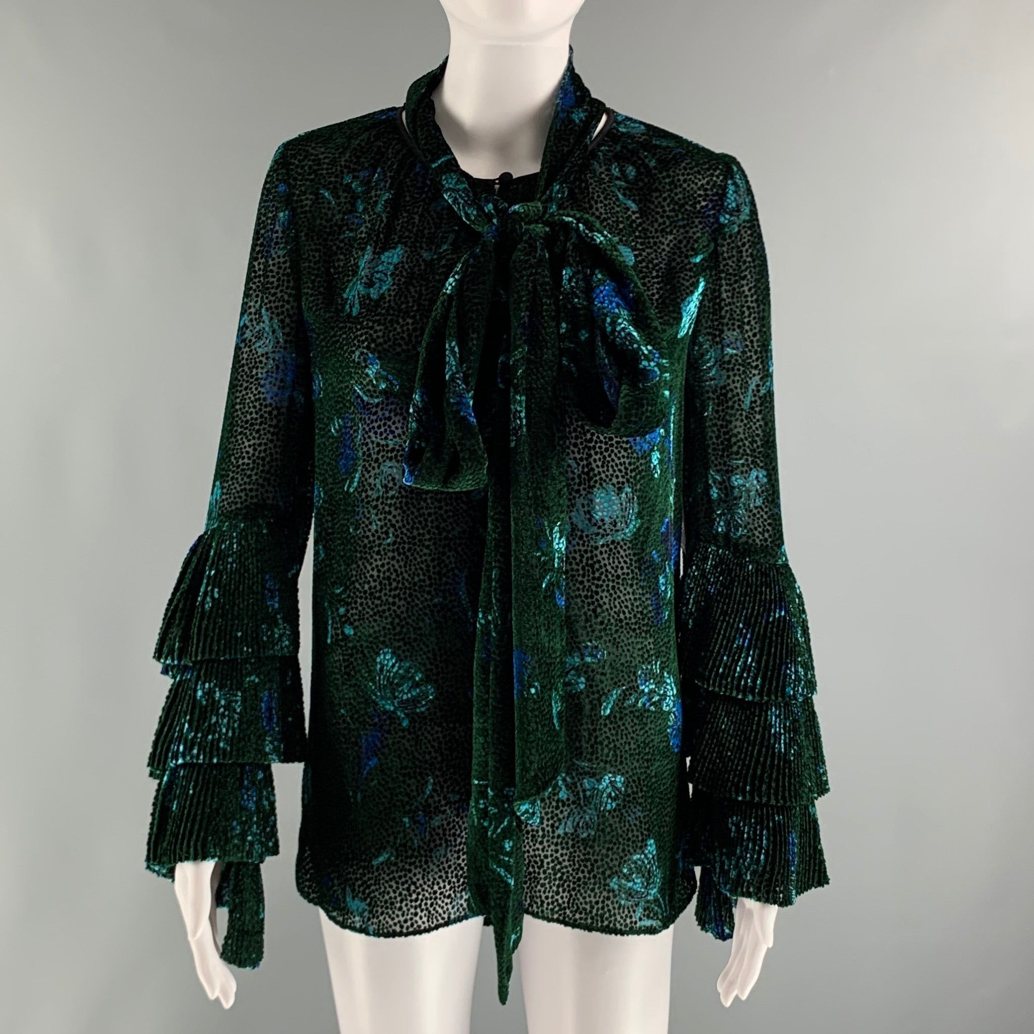 PRABAL GURUNG Size 0 Green Black Viscose Silk Abstract floral V