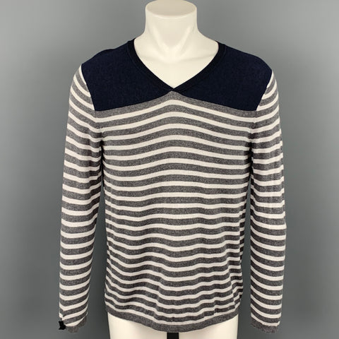 TRICOT WIM NEELS Size M Grey & White Stripe Cotton / Polyamide V-Neck Pullover