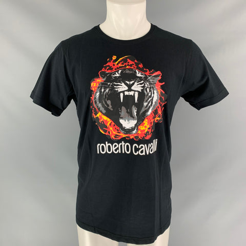 ROBERTO CAVALLI Size M Black Red Graphic Cotton T-shirt