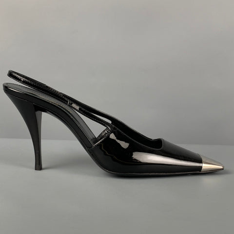 SAINT LAURENT Talla 7.5 Zapatos de tacón Vesper con tira trasera en charol negro y plateado