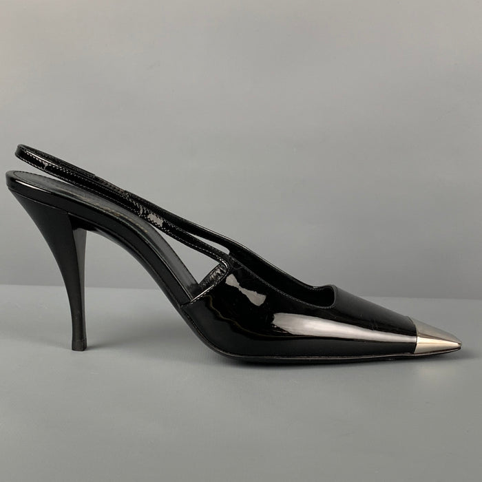 SAINT LAURENT Size 7.5 Black Silver Patent Leather Vesper Slingback Pumps