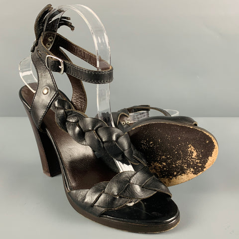BALENCIAGA Size 8 Black Brown Leather Braided Chunky Heel Sandals