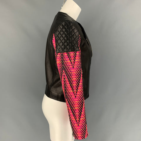 AMERICAN RETRO Kilie Size 2 Black & Fuchsia Boucle Cotton Blend Mixed Fabrics Jacket