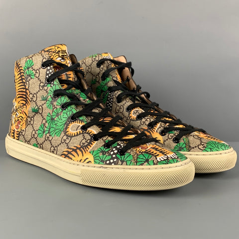 GUCCI Size 9.5 Brown Green Bengal Tiger GG Monogram Coated Canvas High Top Sneakers
