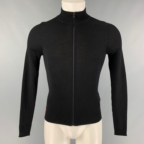 PRADA Size S Black Ribbed Wool Zip Up Cardigan