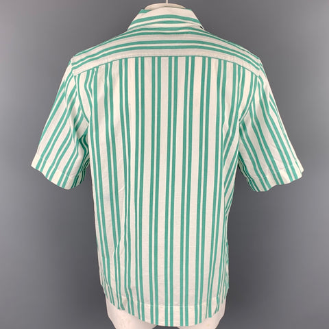 ACNE STUDIOS Size XL Green & White Stripe Cotton Camp Short Sleeve Shirt