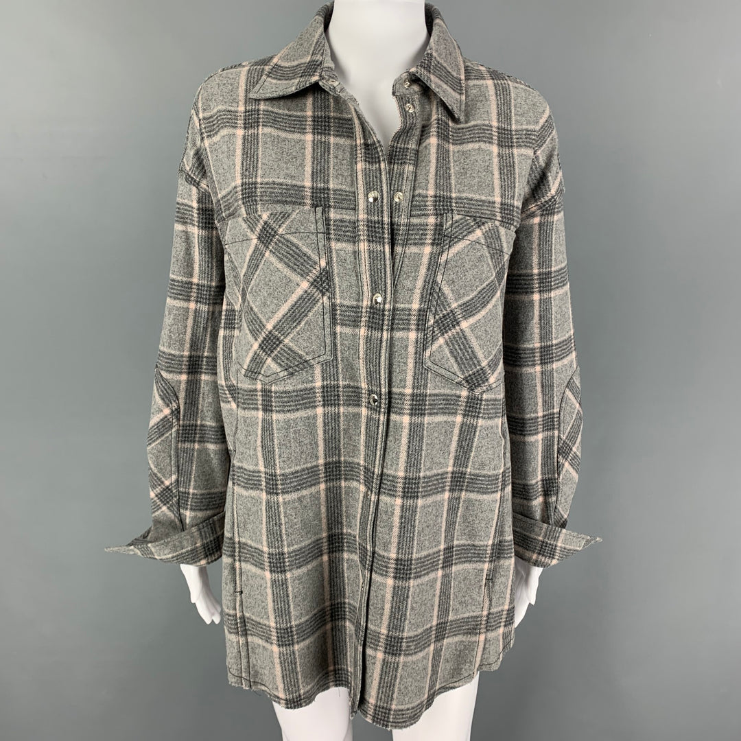 IRO Size 2 Grey Pink Wool Blend Plaid Oversized Shirt