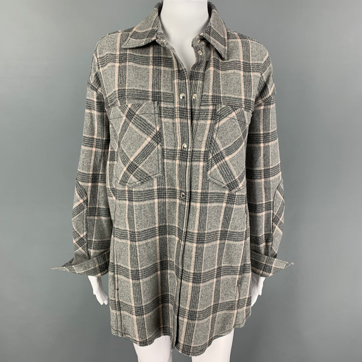 IRO Size 2 Grey Pink Wool Blend Plaid Oversized Shirt