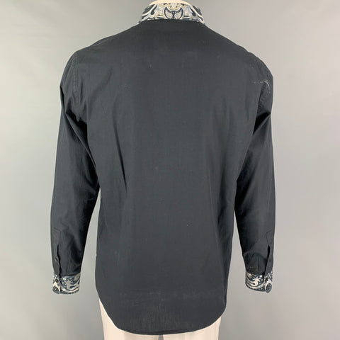JUST CAVALLI Size L Black Grey Print Cotton Long Sleeve Shirt