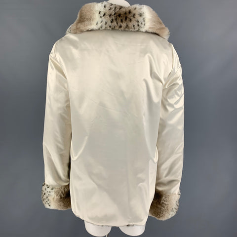 DENNIS BASSO Size L Cream Brown Polyester Animal Print Faux Fur Zip Up Coat