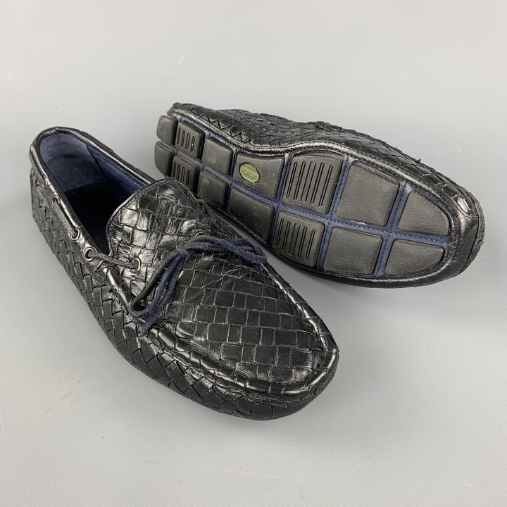 TRASK Size 9 Navy Woven Leather Bow Drivers Loafers
