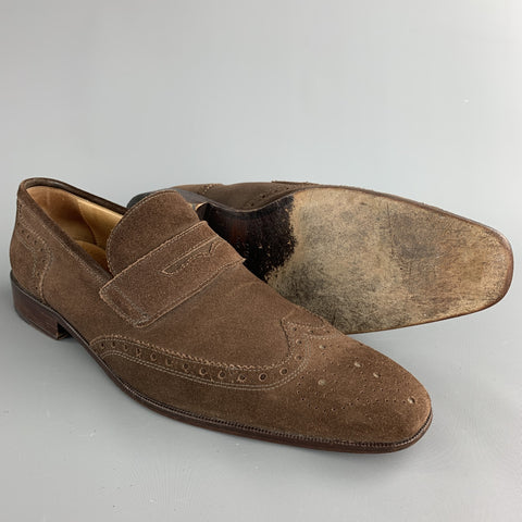 MERCANTI FIORENTINI Size 12 Brown Perforated Suede Wingtip Loafers