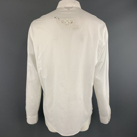 ROBERTO CAVALLI Size XXL White Cotton Beaded Rhinestone Floral Dress Shirt