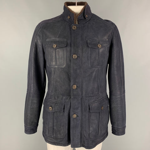 BRUNELLO CUCINELLI Size XL Navy Leather Zip & Buttons Jacket