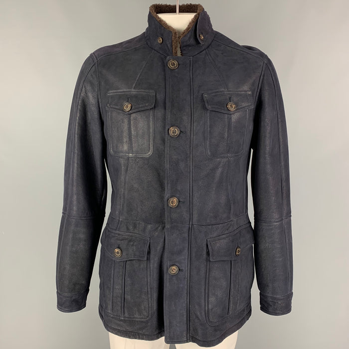 BRUNELLO CUCINELLI Size XL Navy Leather Zip & Buttons Jacket