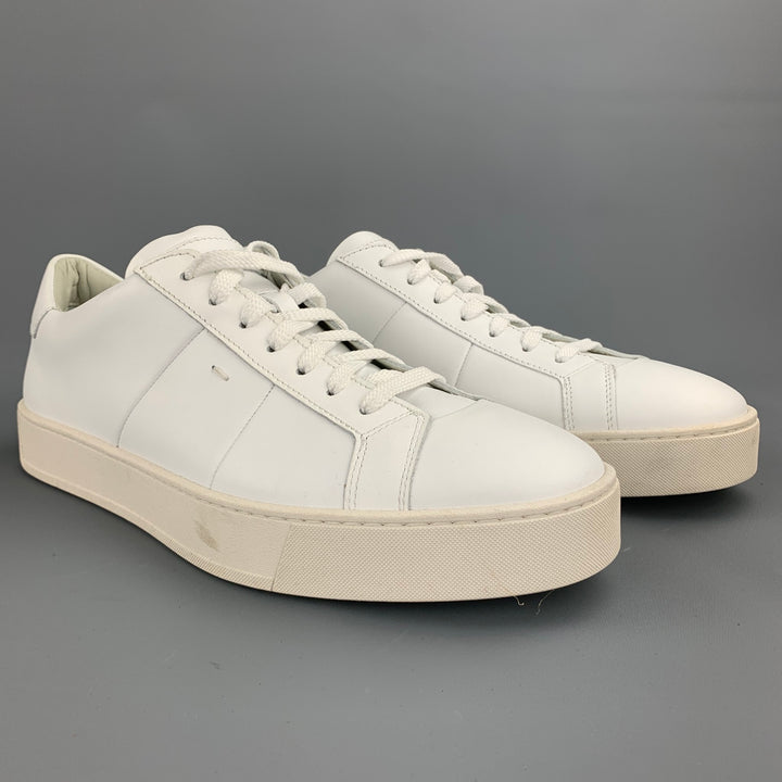 SANTONI Size 12 White Leather Rubber Sole Lace Up Sneakers