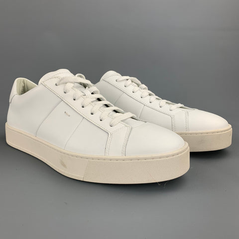 SANTONI Size 12 White Leather Rubber Sole Lace Up Sneakers