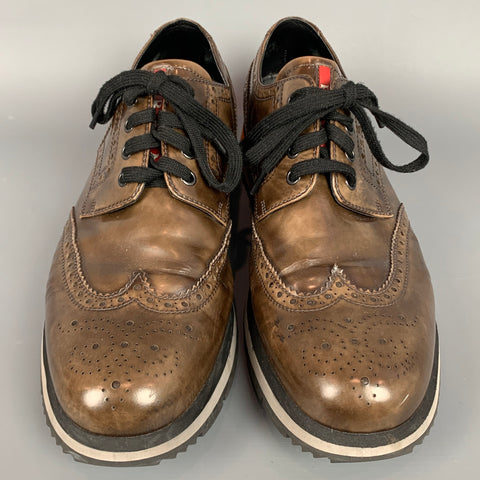PRADA Size 12 Brown Perforated Leather Wingtip Lace Up Shoes