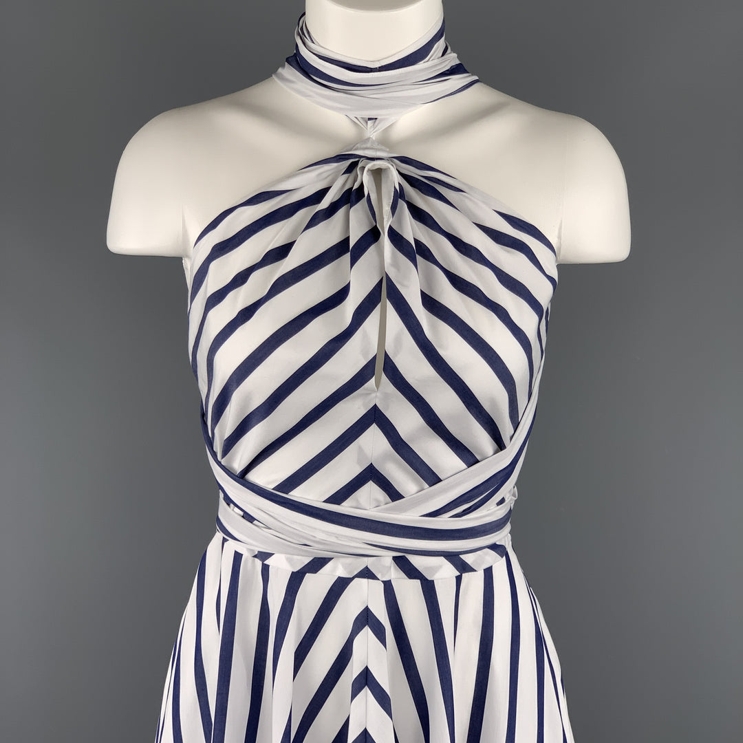 CAROLINA HERRERA Size 0 White & Bllue Striped Cotton Gathered Halter Sun Dress