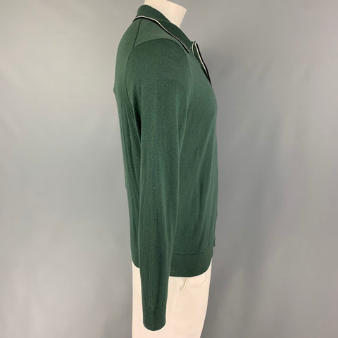TODD SNYDER Size L Green Striped Trim Merino Wool Long Sleeve Polo