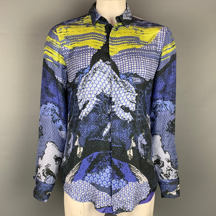 JUST CAVALLI Size L Blue & Yellow Print Silk French Cuff Long Sleeve Shirt