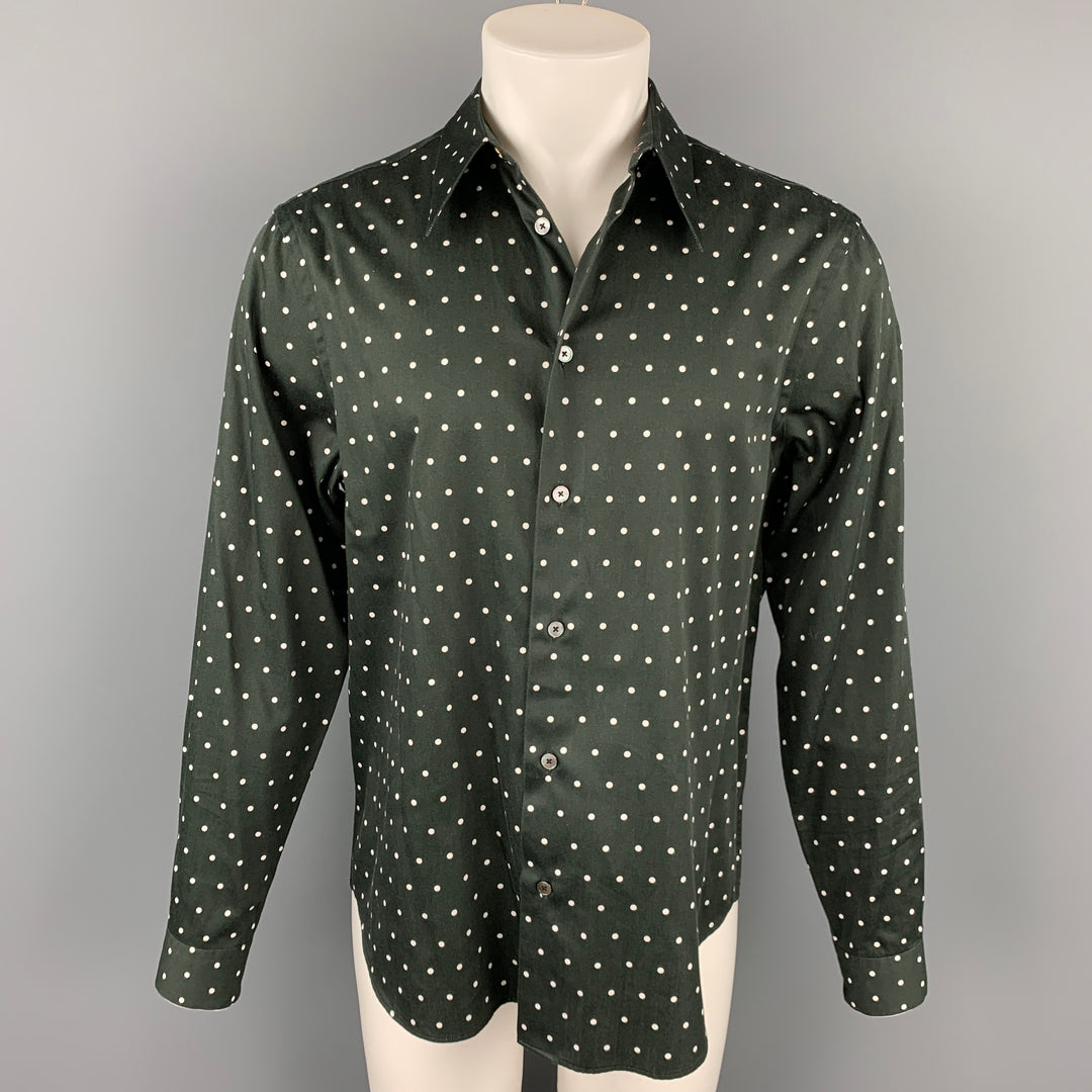 PAUL SMITH Talla L Camisa de manga larga con botones de algodón con estampado de puntos en blanco y negro