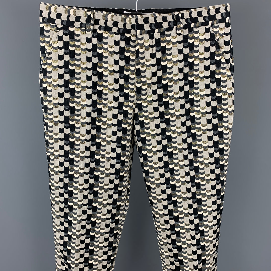 MR TURK Talla 32 Pantalones de vestir con bragueta y cremallera en mezcla de algodón jacquard gris y azul marino