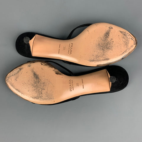 PRADA Size 8 Black Silk Aplique Patent Leather Kitten Heel Sandals