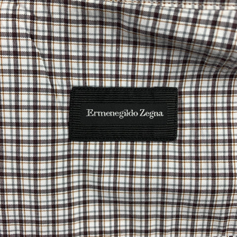 ERMENEGILDO ZEGNA Size XL White & Brown Window Pane Cotton Long Sleeve Shirt