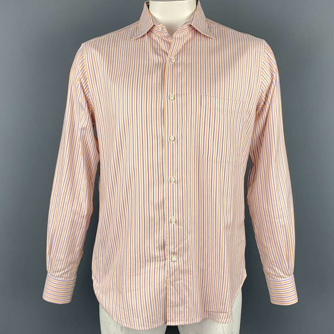 LORO PIANA Size L Purple & Orange Stripe Cotton Button Up Long Sleeve Shirt