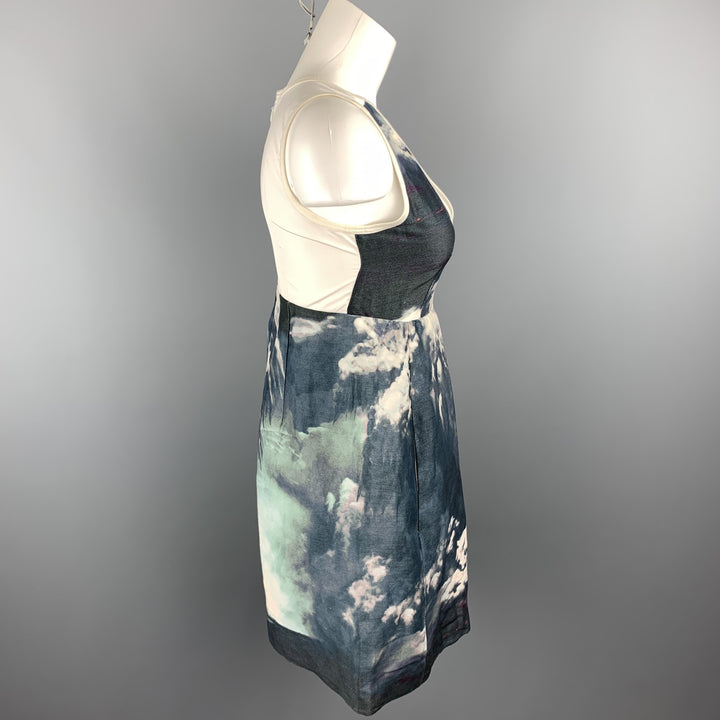 CARVEN Size XS Navy & White Linen / Silk Sleeveless Cocktail Dress