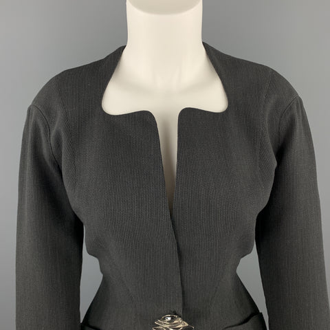 THIERRY MUGLER 8 Grey Striped Wool Silver Brooch Button Pants Suit
