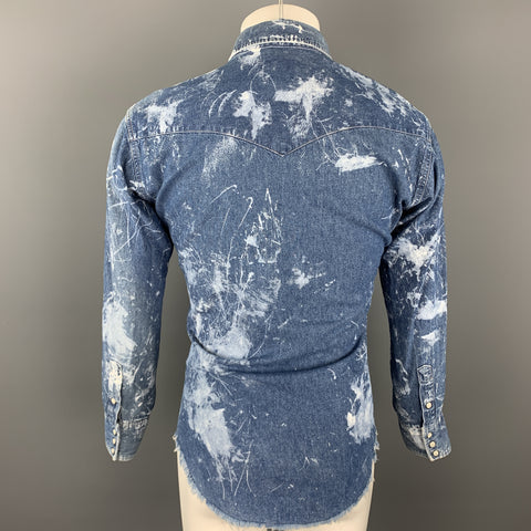 WRANGLER Size XS Blue Splattered Denim Snaps Long Sleeve Shirt