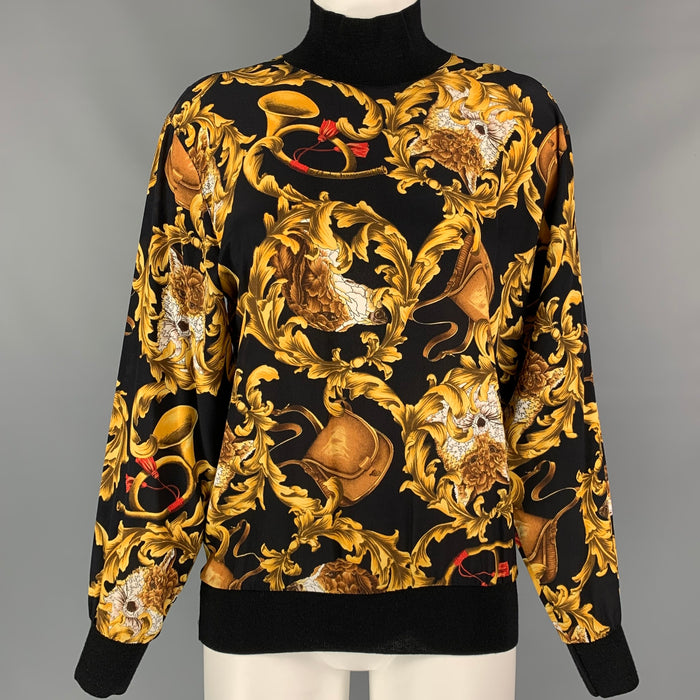 Vintage SALVATORE FERRAGAMO Size XS Black & Gold Baroque Silk Mock Turtleneck Blouse