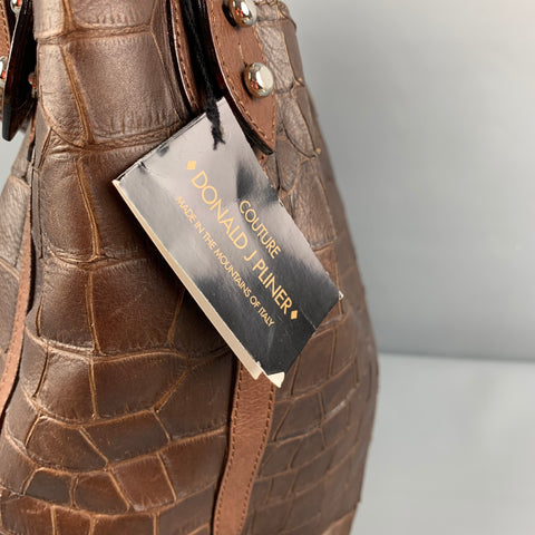 DONALD J PLINER Brown Embossed Leather Calf Tote Handbag
