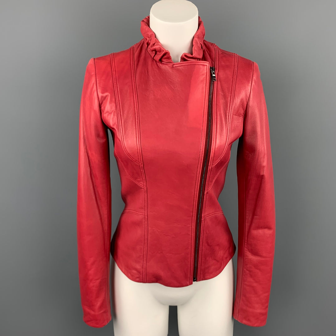 ELIE TAHARI Size XS Red Leather Ruched Collar Jacket