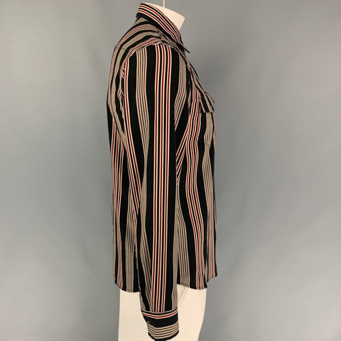 SHADES OF GREIGE Size M Black Red Stripe Polyester Snaps Long Sleeve Shirt