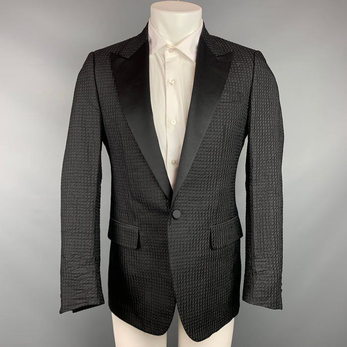 LANVIN Size 38 Regular Black Textured Silk / Polyester Peak Lapel Sport Coat