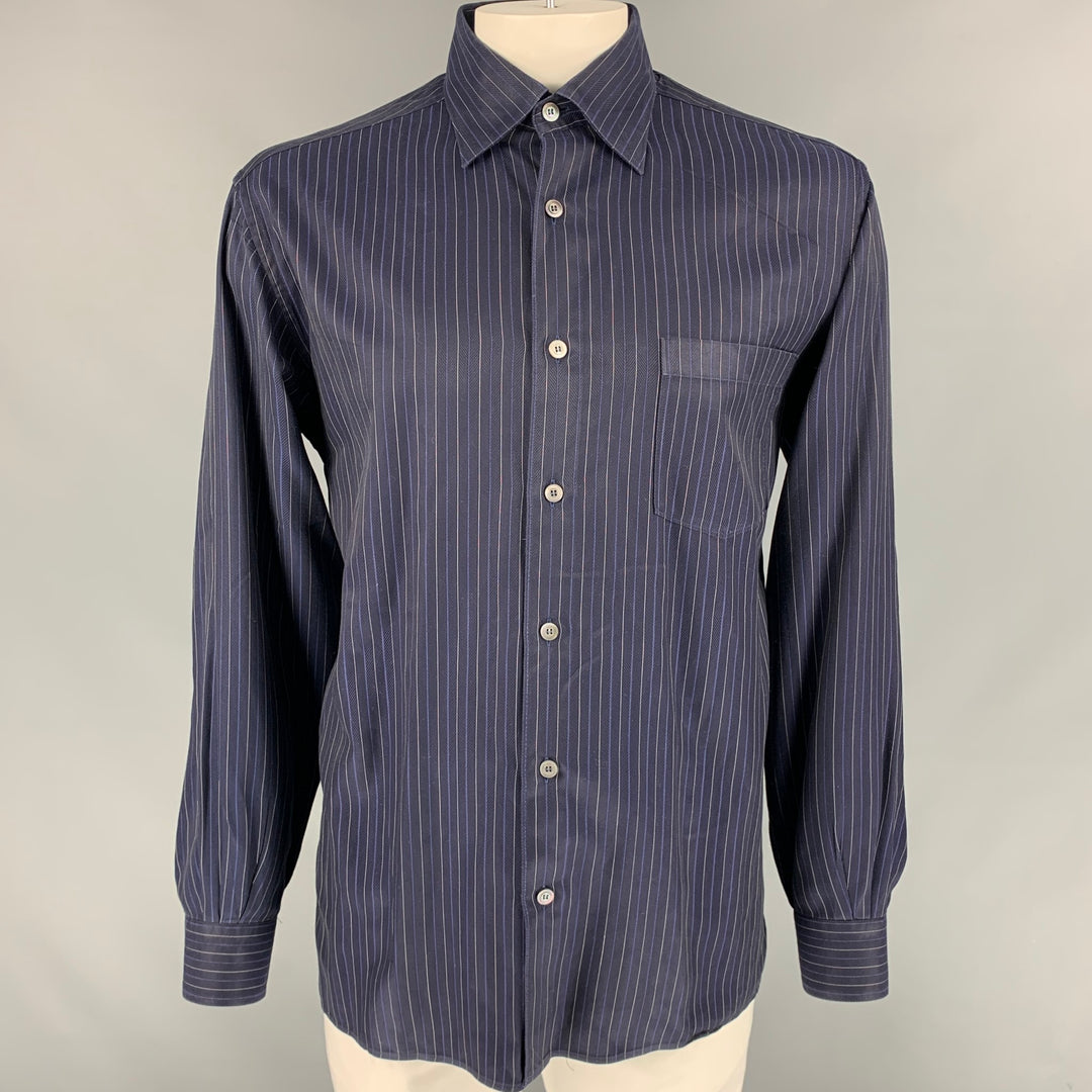 ERMENEGILDO ZEGNA Size L Navy Stripe Cotton Button Down Long Sleeve Shirt