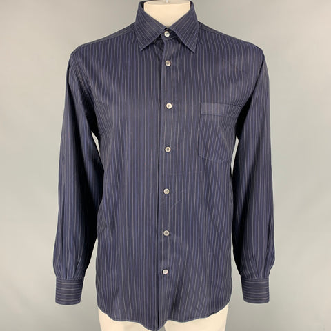 ERMENEGILDO ZEGNA Camisa de manga larga con botones de algodón a rayas azul marino talla L