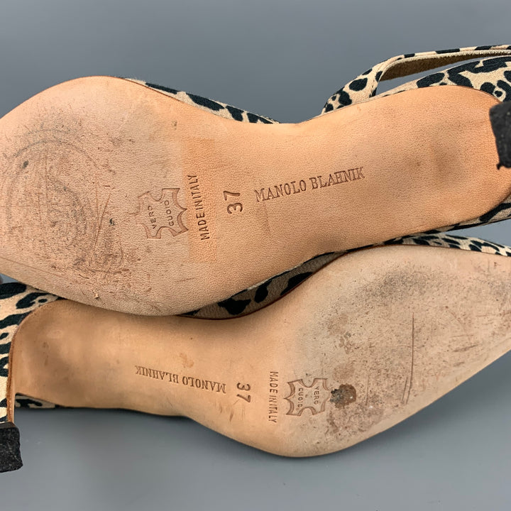 MANOLO BLAHNIK Size 7 Tan Canvas Animal Print Slingback Pumps