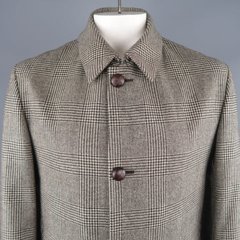 BRIONI 40 / IT 50 Black & Beige Plaid Wool Storm System Long Over Coat